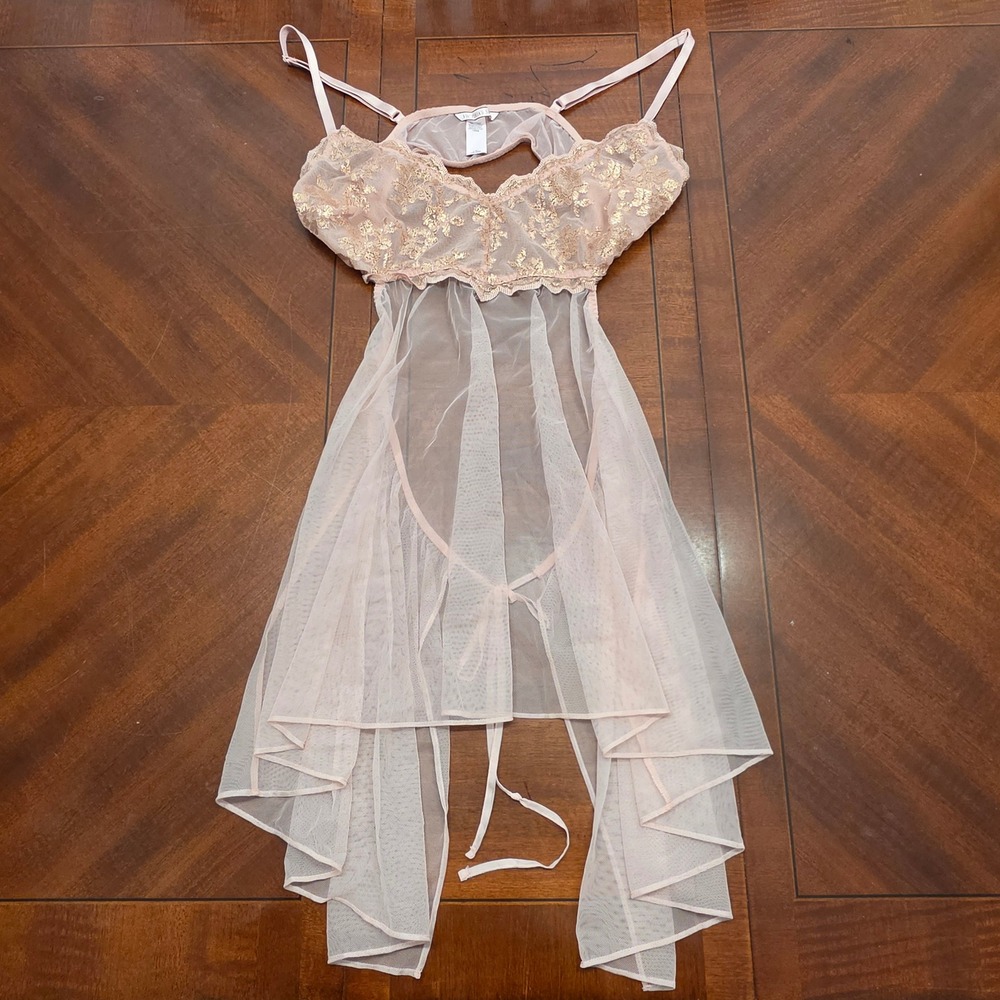 Victoria Secret Blush Pink Gold Metallic Lace Sheer Mesh Babydoll Chemise L